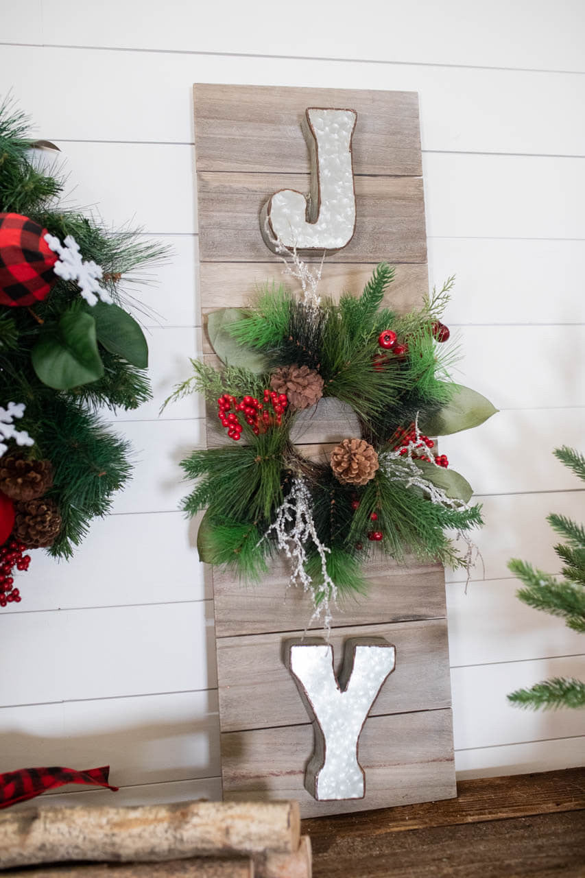 41” H Wood & Metal “Joy” Sign with Holiday Wreath