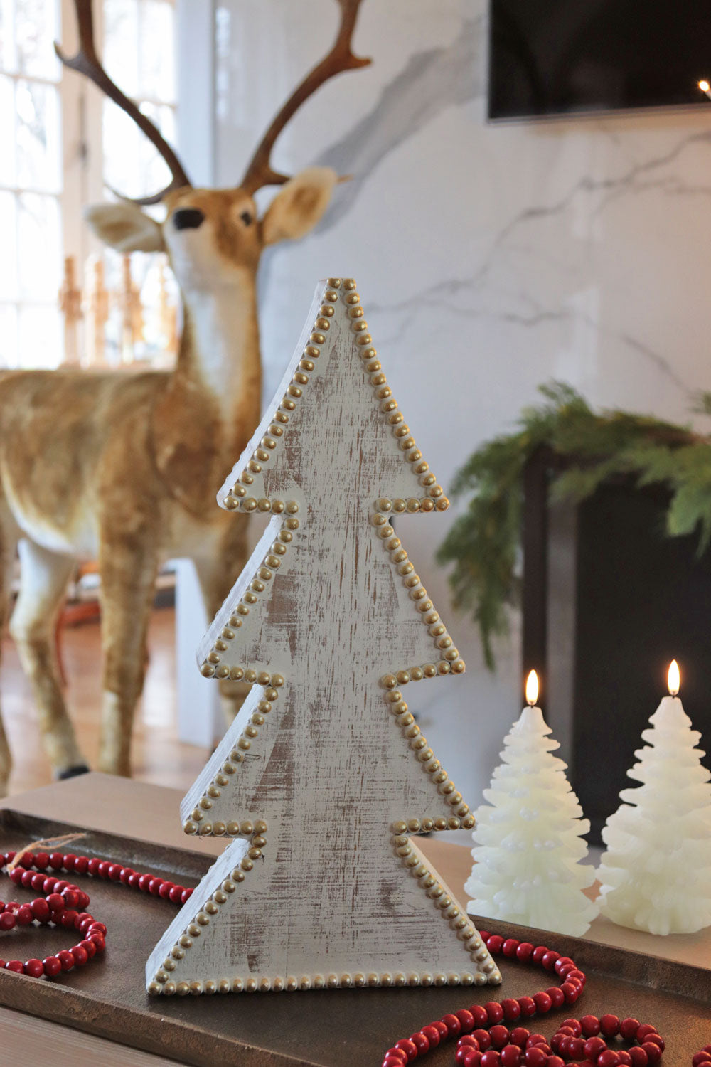 16" Rustic White Washed Wooden Beaded Tree