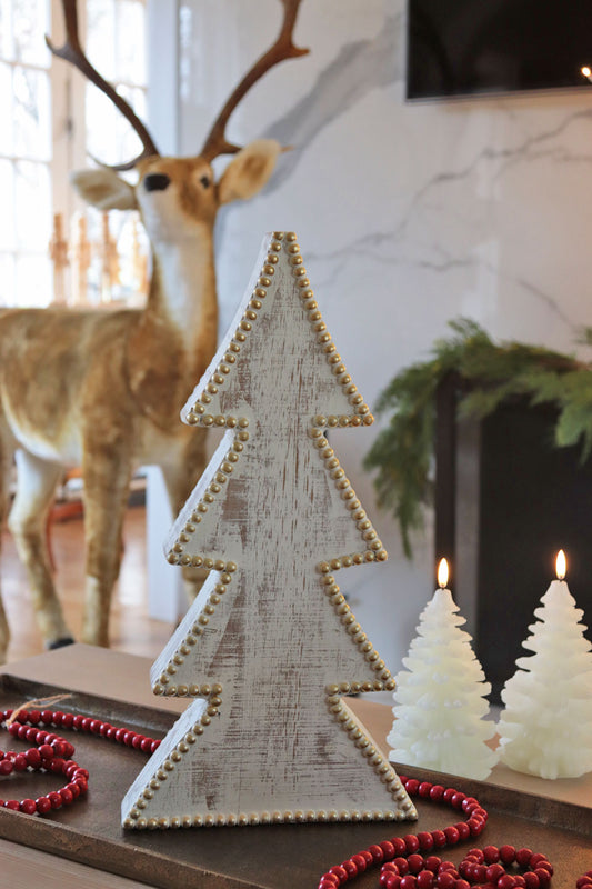 16" Rustic White Washed Wooden Beaded Tree
