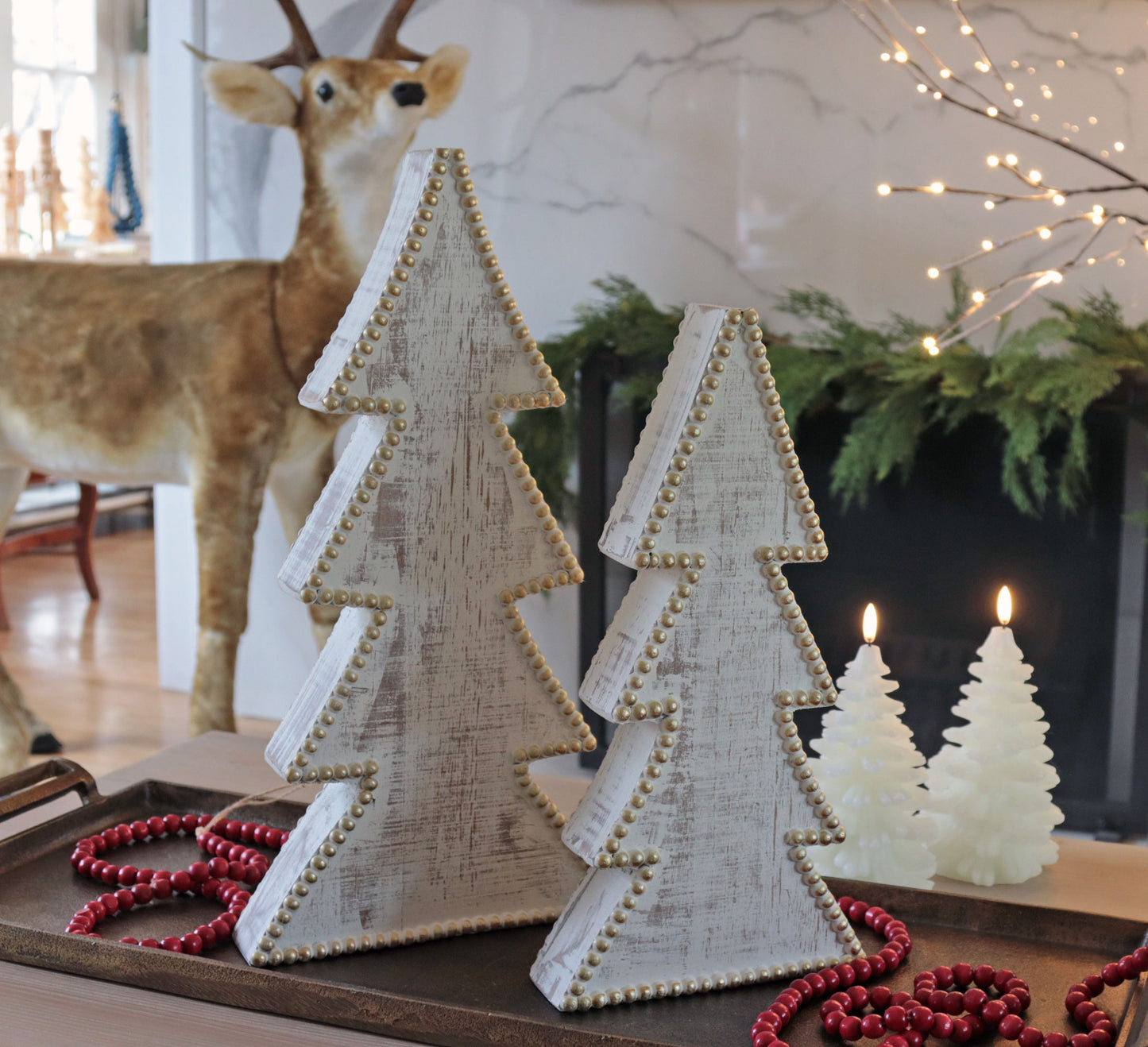 16" Rustic White Washed Wooden Beaded Tree