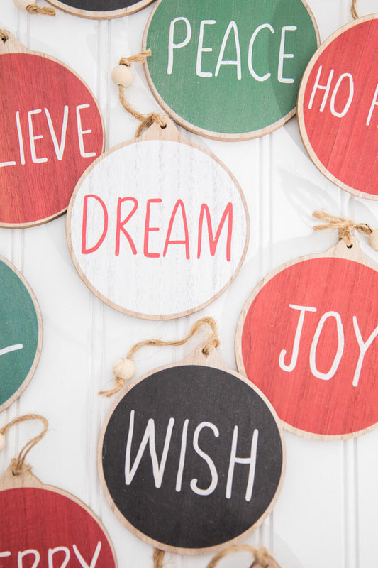 5” Holiday Wishes Wooden Disc Ornament- Set of 10