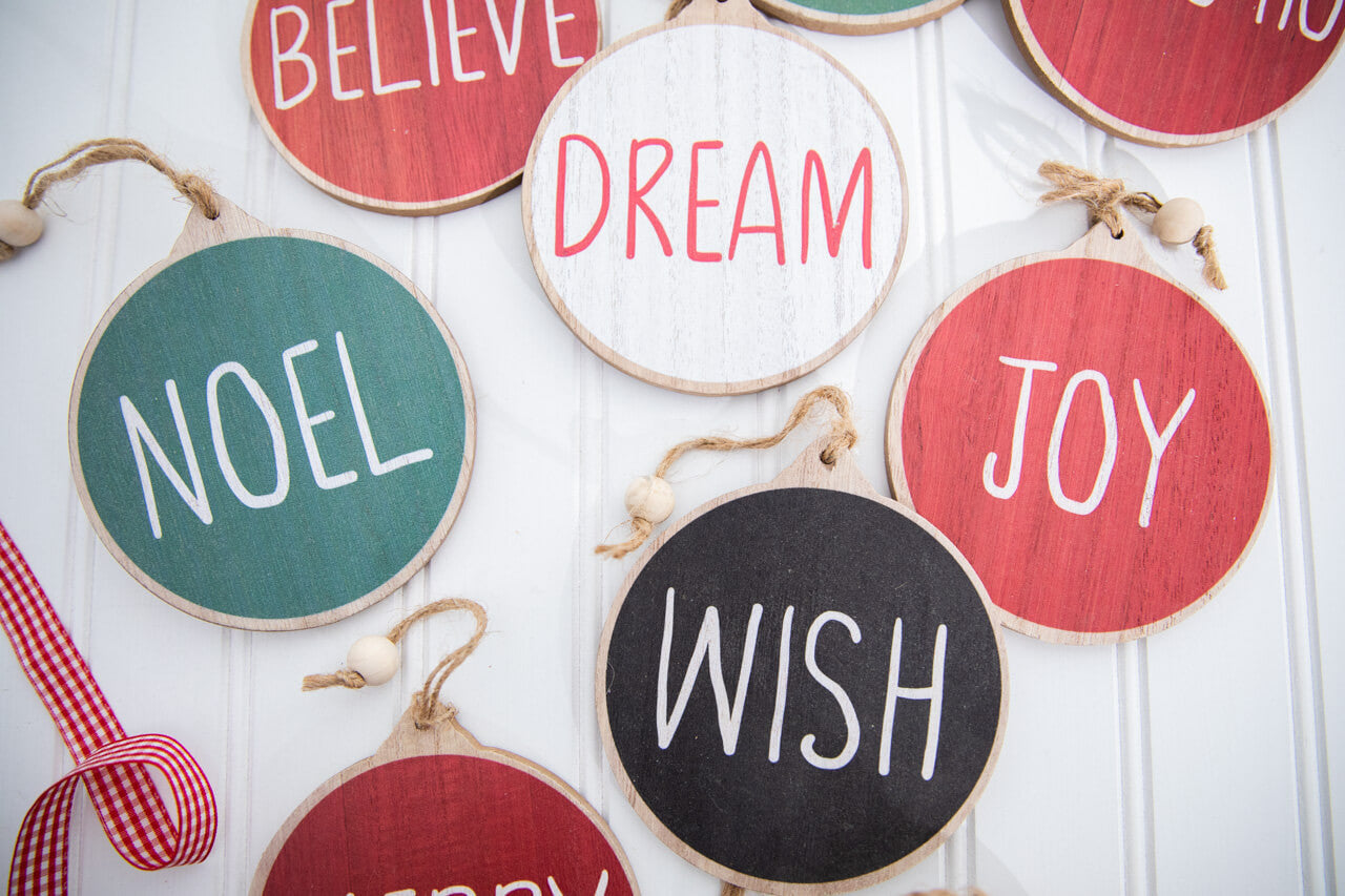 5” Holiday Wishes Wooden Disc Ornament- Set of 10