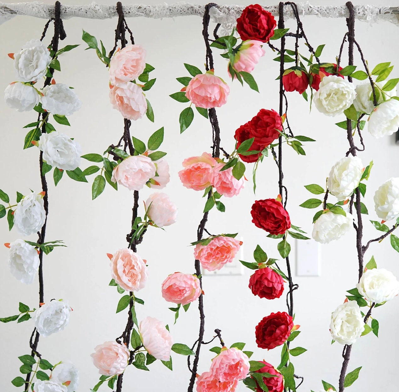 FOUR 6 FT. Red Peony Garland Vine Spring Decor Easter Floral Arrangements Wedding Ceremony Outdoor Hanging Flowers Red Faux Peony Sale