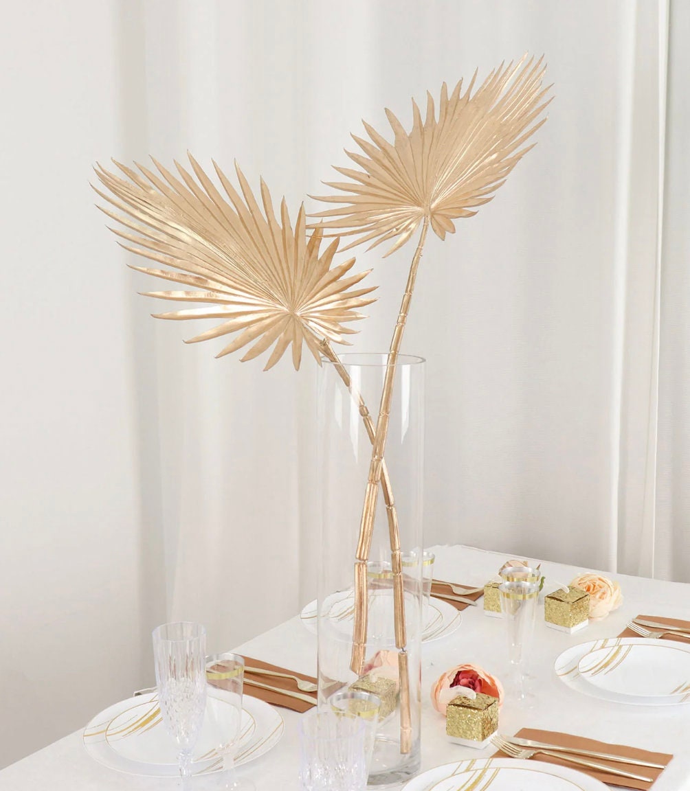 TWO 34" Metallic Gold Artificial Palm Leaf Branch Vase Filler Gold Leaf Artificial Decorations Bohemian Glam Christmas Holiday Table Setting