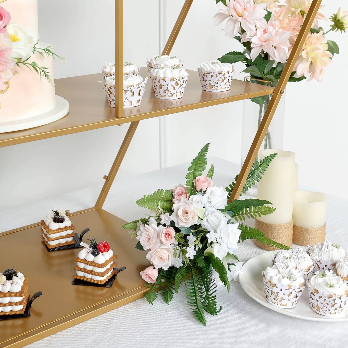 4 FT. Extra Large Gold Metal Tiered Dessert Shelf Display Rack Cake Stand Cupcake Holder Snack Sandwich Appetizer Party Decoration Geometric