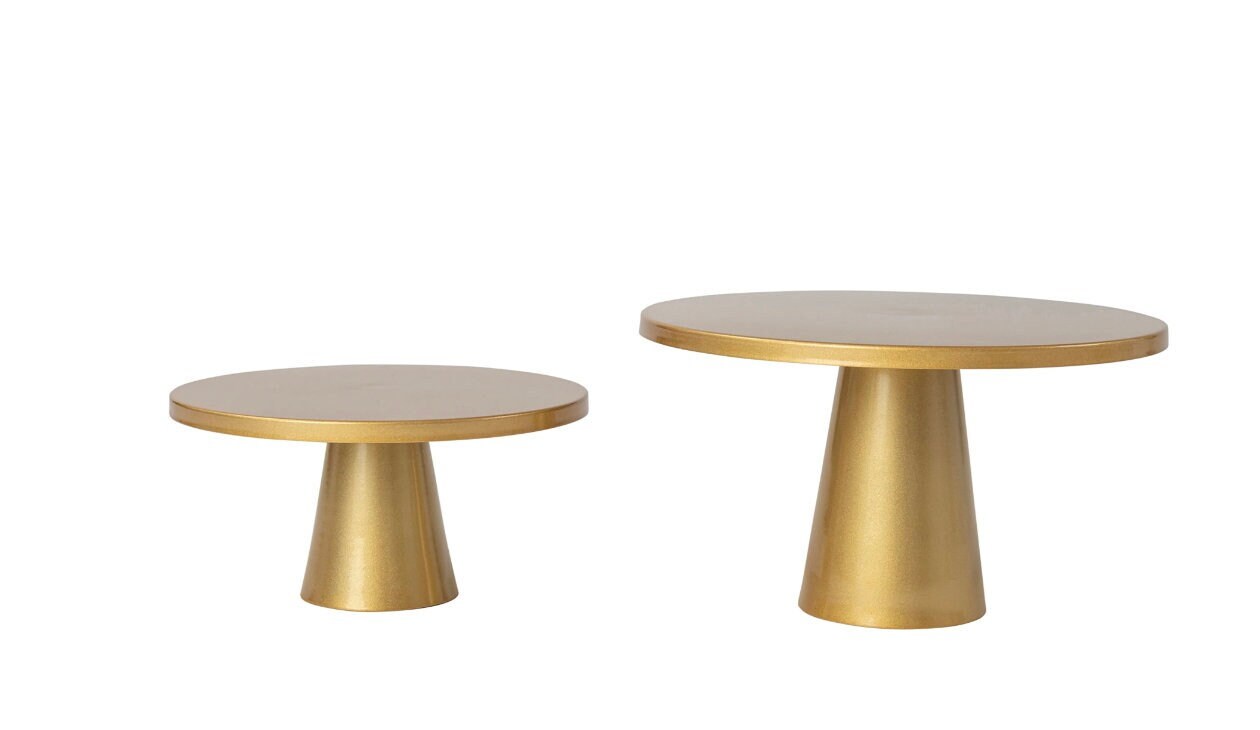 TWO Minimal Gold Metal Round Wedding Cake Stand Dessert Display Riser Cupcake Holder Snack Appetizer Party Decorations Table Geometric