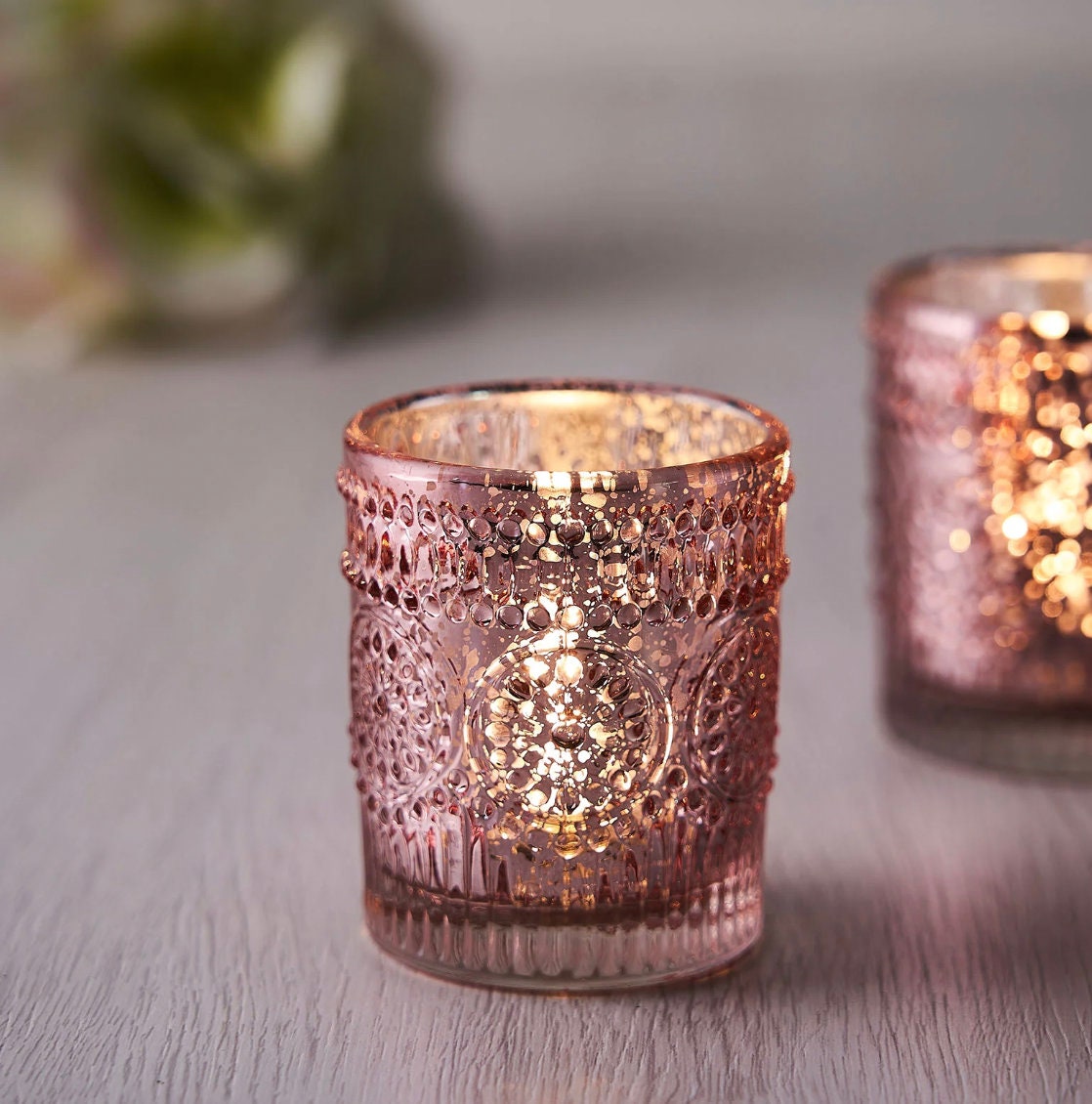 24 Rose Gold Mercury Glass Votive Candle Holders Speckled Glass Blush Lighting Reception Wedding Wholesale Pink Table Decor Free Shipping