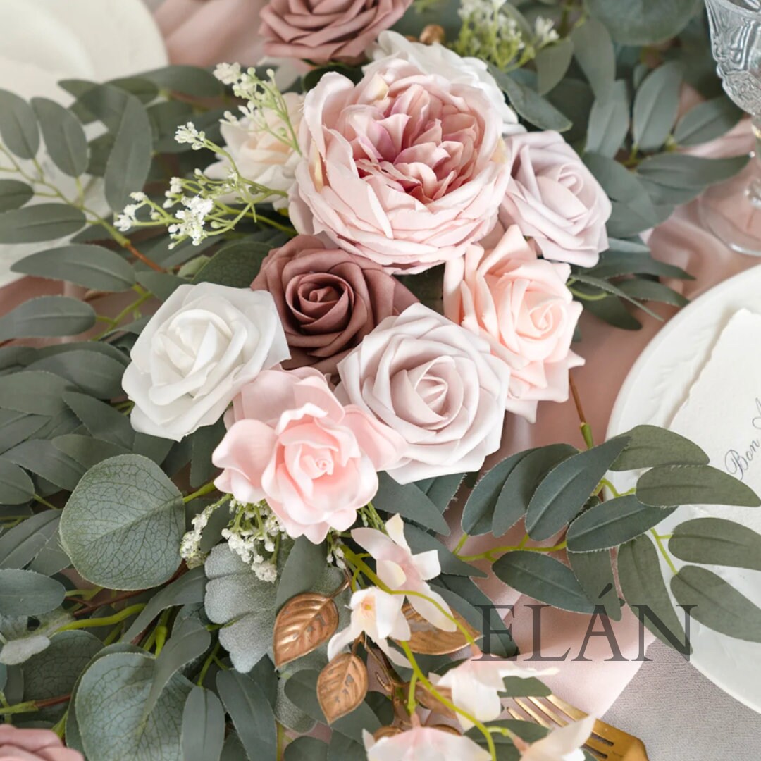 6 FT. Dusty Rose and Cream Eucalyptus Garland with Flowers Floral Table Runner Rehearsal Dinner Bridal Shower Dusty Pink Ivory Beige Flowers