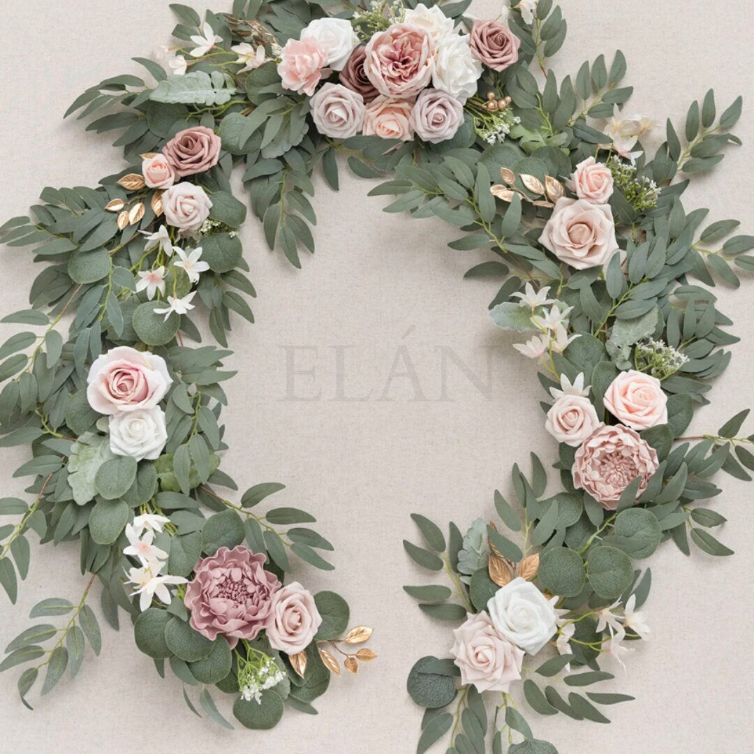 6 FT. Dusty Rose and Cream Eucalyptus Garland with Flowers Floral Table Runner Rehearsal Dinner Bridal Shower Dusty Pink Ivory Beige Flowers