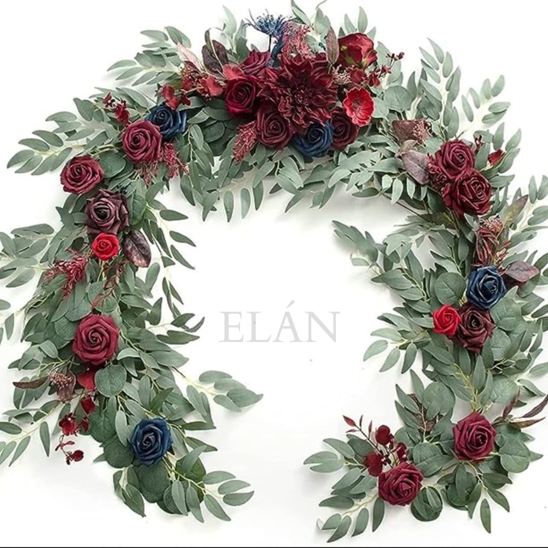 6 FT. Deep Red Navy Eucalyptus Floral Garland Flowers Table Runner Wedding Navy Blue Rehearsal Dinner Bridal Shower Floral Burgundy Roses