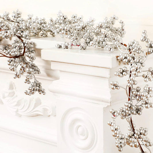 5.9 FT. Faux Silver Berry Christmas Garland FREE LED Lights Holiday Garland Tree Decorations Primitive Old Decor Mantle Fireplace Metallic