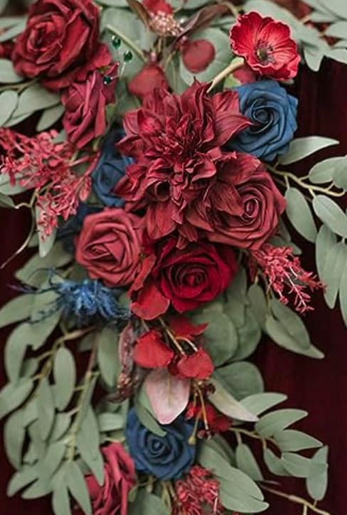 6 FT. Deep Red Navy Eucalyptus Floral Garland Flowers Table Runner Wedding Navy Blue Rehearsal Dinner Bridal Shower Floral Burgundy Roses