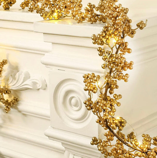5.9 FT. Faux Gold Berry Christmas Garland FREE LED Lights Metallic Holiday Garland Tree Decorations Primitive Old Decor Mantle Fireplace