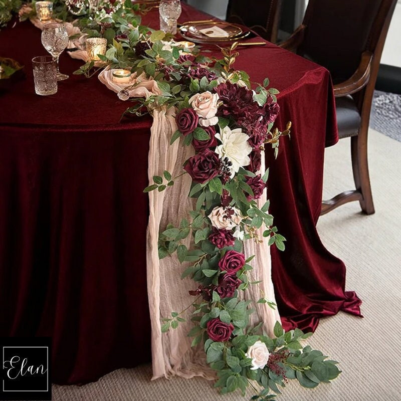 6 FT. Burgundy Roses Flower Garland Deep Red Eucalyptus Floral Garland Floral Table Runner Wedding Decor Rehearsal Dinner Bridal Shower